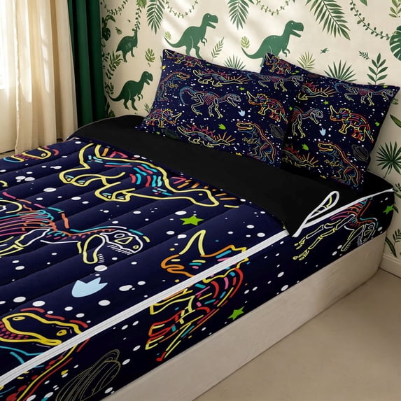 meiyoeat Galaxy Dino Zipper Full Size Comforter Sets with Fitted Sheet and 2 Pillowcases for Boys, Neon Line Space Skeleton Zipper Bedding Set, Dark Navy, Black Reversible, 4 Pieces