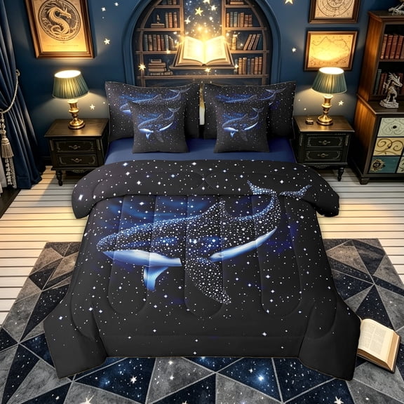 meiyoeat Galaxy Star Whale Twin Bedding for Kids Boys Girls, Magic Starlight Celestial Animal Bedding Comforter Set, Dark Blue, Blue Reversible, 7pcs