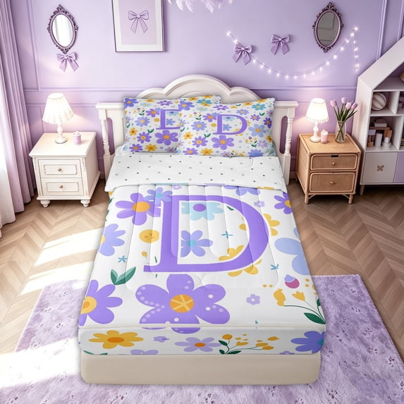 meiyoeat Garden Flower D Letter Zipper Twin Comforter Sets with Fitted Sheet and 2 Pillowcases for Women Girls, Purple Cute Groovy Daisy Zipper Bedding Set, Reversible, 4-Piece