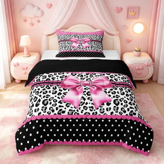 meiyoeat Gclassic Leopard Print Twin Comforter Sets For Girls,Cute Pink Coquette Bow Bedding Set,Black Reversible,2-Piece,1 Comforter and 1 Pillowcase