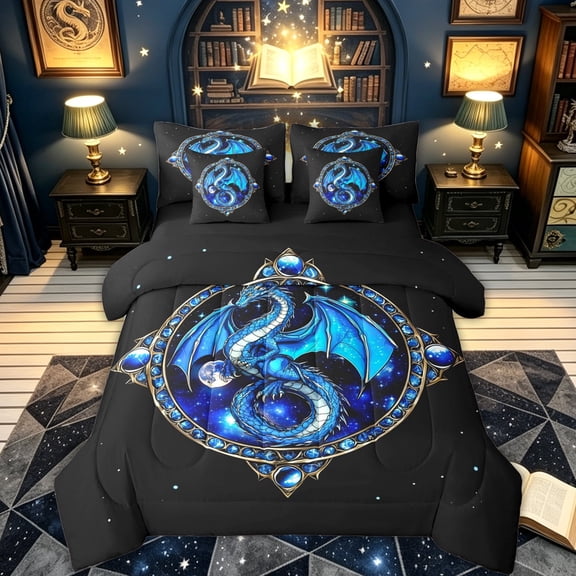 meiyoeat Gemstones Dragon Full Size Bedding Sets for Kids Boys Girls, Mystic Sky Animal Full Size Bed in a Bag, Blue Black, Black Reversible, 7 Pieces