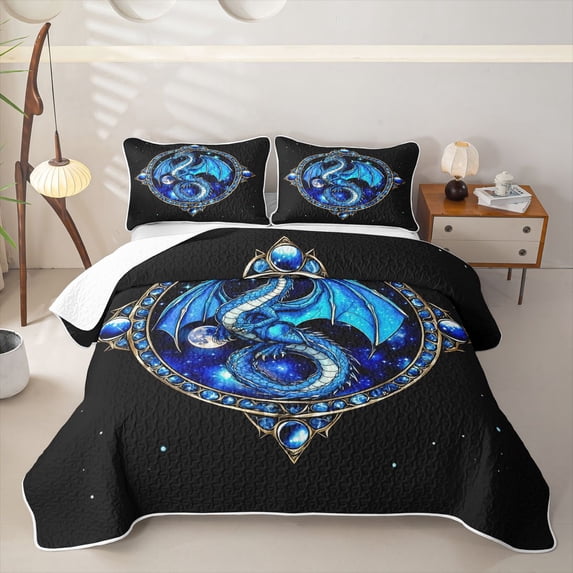 meiyoeat Gemstones Dragon Quilt Full for Boys Girls, Mystic Sky Animal Full Bedspread Sets, Blue Black, 3 Pieces