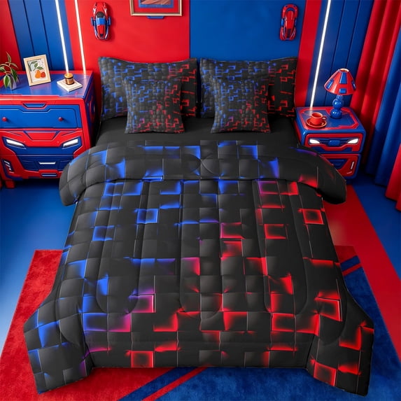 meiyoeat Geometric Abstract Art 7Pcs Queen Bedding For Boys,Modern Plaid Bedding Comforter Set Queen For Kids,Black Reversible