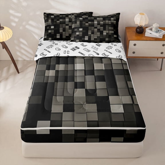 meiyoeat Geometric Block Zipper Twin Comforter Sets with Fitted Sheet and 2 Pillowcases for Kids Girls, Retro Pixel Grid Zipper Bedding Set for Dorm, Black Gray, Gamepad ReversibleB