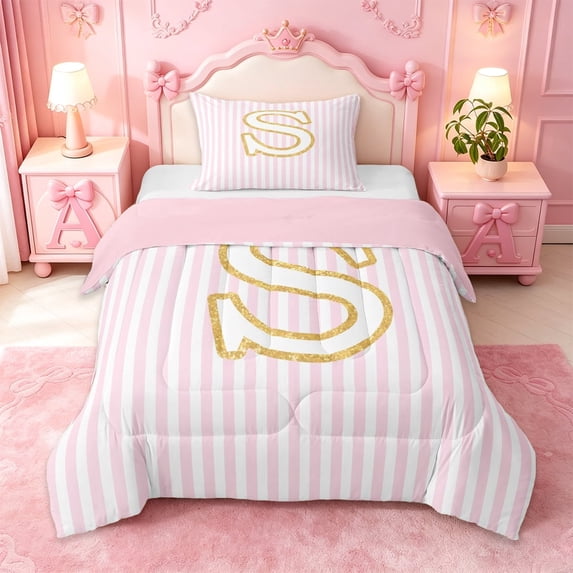 meiyoeat Geometric Line Art Twin Comforter Sets For Kids,Gold S Alphabet Print Bedding Set For Girls,pink Reversible,2 Pieces