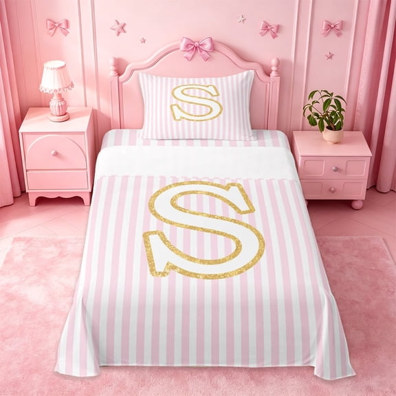 meiyoeat Geometric Line Art Twin Sheet Sets For Kids,Gold S Alphabet Print Bedding For Girls,3 Pieces
