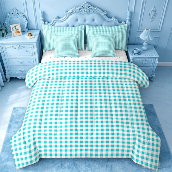 meiyoeat Geometric Plaid 7-Piece Twin Bedding For Kids,Blue Classic Checkered Bedding Comforter Set For Boys,Reversible