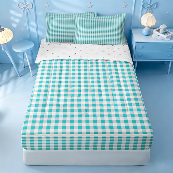 meiyoeat Geometric Plaid Zipper Twin Comforter Sets with Fitted Sheet and 2 Pillowcases For Kids,Blue Classic Checkered Zipper Bedding Set For Boys,Reversible,4 Pieces