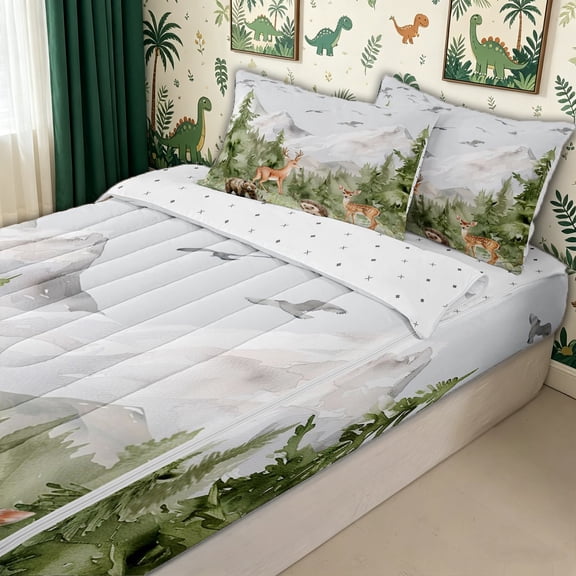 meiyoeat Giraffe Woodland Animal Zipper Twin Comforter Sets with Fitted Sheet and 2 Pillowcases for Kids Boys, Nature Forest Wildlife Zipper Bedding Set, Green White, ReversibleB