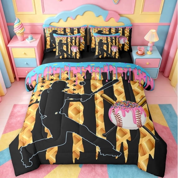 meiyoeat Girls Baseball Games 7 Pieces Full Size Bedding Sets For Ball Gamer,Colorful Ice Cream Drip Full Size Bed in a Bag For Kids,Black Reversible