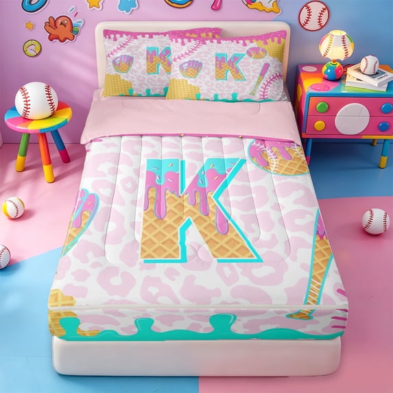 meiyoeat Girls Baseball Sport Games Zipper Twin Comforter Sets with Fitted Sheet and 2 Pillowcases,Ice Cream Drip Alphabet K Zipper Bedding Set For Kids,Pink Reversible,4-Piece