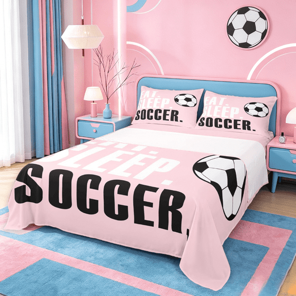 meiyoeat Girls Football Sports Bed Sheets For Ball Lover,Kids Soccer Games Gaming Full Size Sheets,4-Piece