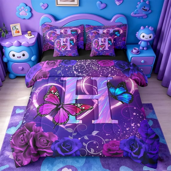 meiyoeat Girls Personalized Initial 7 Pieces Full Size Bedding Sets,3D Cartoon Flower Butterfly Full Size Bed in a Bag For Girl,Black Reversible