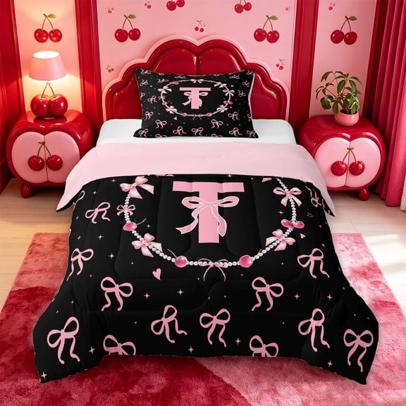 meiyoeat Girls Personalized Initial T Twin Comforter Sets,Pink Ribbon Bowknot Print Bedding Set For Girl,Pink Reversible,2-Piece,1 Comforter and 1 Pillowcase