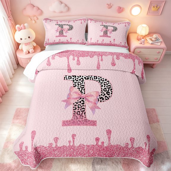 meiyoeat Girls Personalized Leopard Monogram P Bed Spread Queen,Pink Coquette Bowknot Queen Coverlet Set For Bow Lovers,3-Piece,1 Quilt and 2 Pillowcases