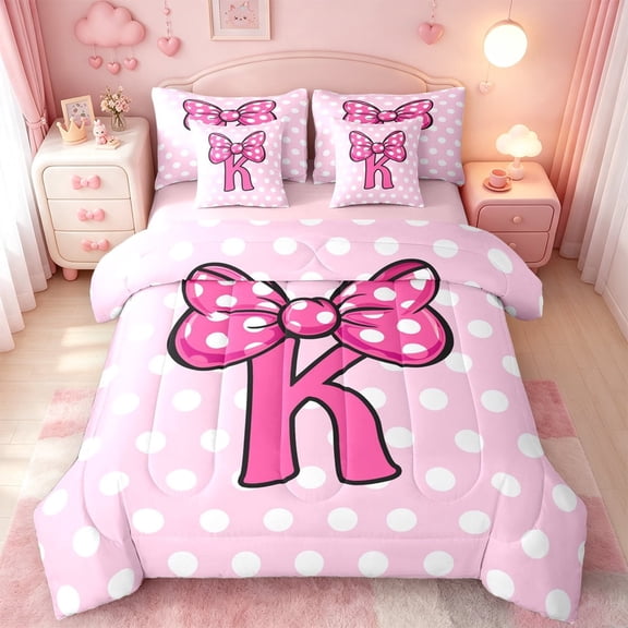 meiyoeat Girls Personalized Monogram Gifts 7 Pieces Full Size Bedding Sets,Kawaii Polka Dot Bow Initial K Full Size Bed in a Bag,Pink Reversible