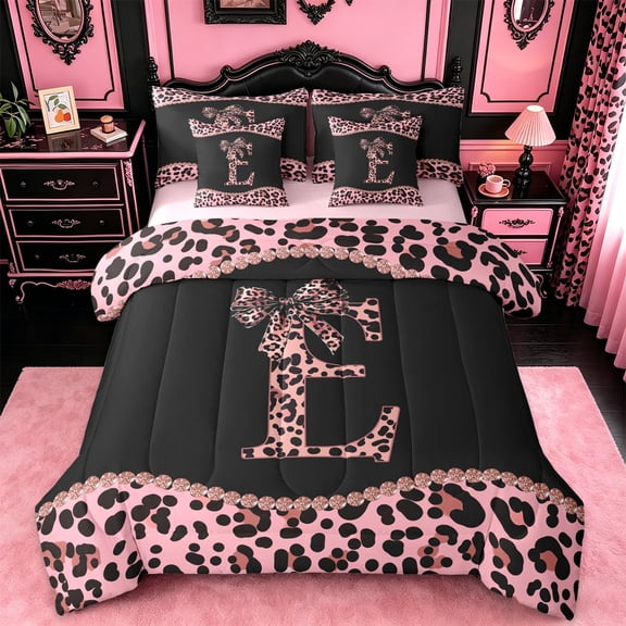 meiyoeat Girls Personalized Monogram Gifts 7 Pieces King Bedding For Leopard Print Lovers,Pink Cheetah Bowknot Letter E King Bed In A Bag For Kids,Pink Reversible