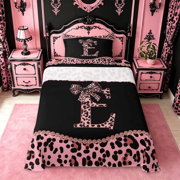 meiyoeat Girls Personalized Monogram Gifts Twin Sheet Sets For Leopard Print Lovers,Pink Cheetah Bowknot Letter E Bedding For Kids,3 Pieces