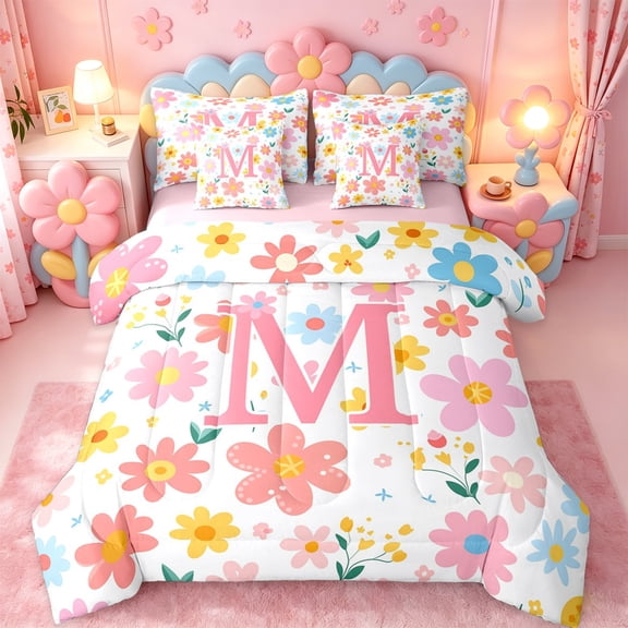 meiyoeat Girls Personalized Monogram M Gifts 7 Pieces King Bedding For Kids,Watercolor Kawaii Floral King Bed In A Bag,Pink Reversible