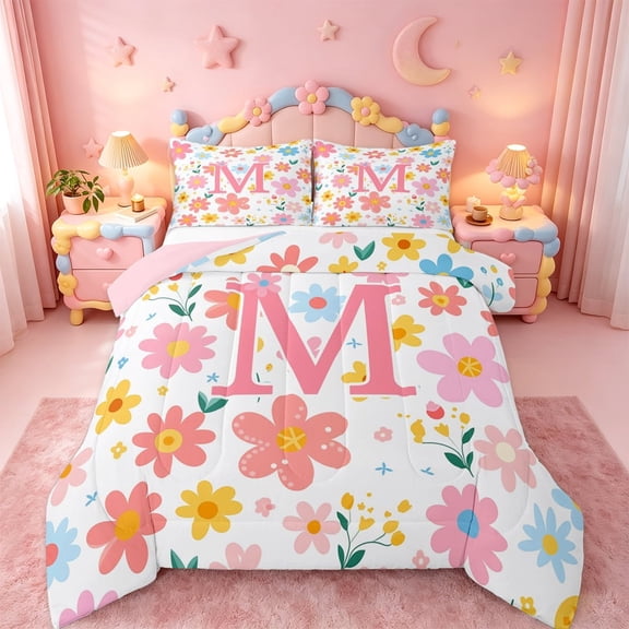 meiyoeat Girls Personalized Monogram M Gifts Full Size Comforter Sets For Kids,Watercolor Kawaii Floral Bedding Sets,pink Reversible,3pcs