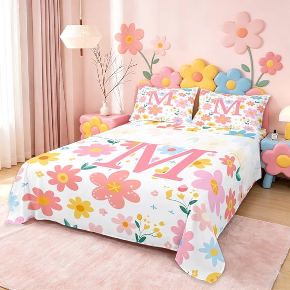 meiyoeat Girls Personalized Monogram M Gifts Full Size Sheets For Kids,Watercolor Kawaii Floral Bed Sheets,4pcs