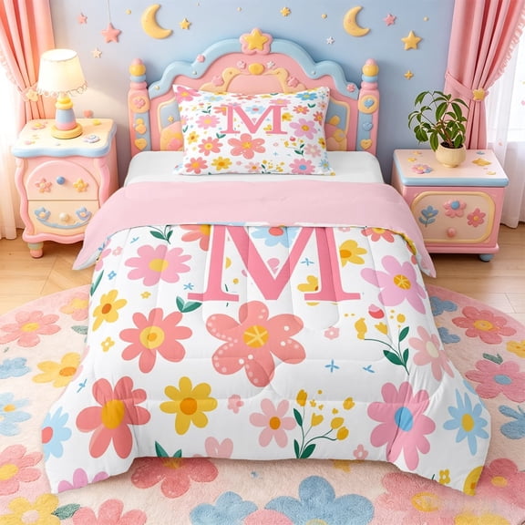 meiyoeat Girls Personalized Monogram M Gifts Twin Comforter Sets For Kids,Watercolor Kawaii Floral Bedding Set,pink Reversible,2 Pieces