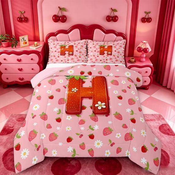 meiyoeat Girls Personalized Monogram Queen Comforter Set,Strawberry Themed Initial Comforter Sets Queen For Girl,Pink Reversible,3Pcs,1 Comforter And 2 Pillowcases