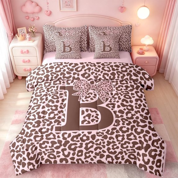 meiyoeat Girls Personalized Monogrammed B 7-Piece Twin Bedding,Pink Leopard Print Bow Tie Bedding Comforter Set,Pink Reversible