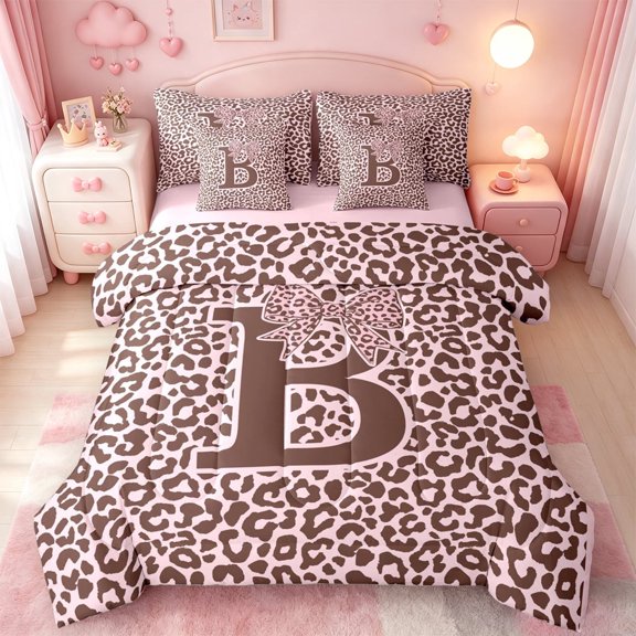 meiyoeat Girls Personalized Monogrammed B 7-Piece Twin Bedding,Pink Leopard Print Bow Tie Bedding Comforter Set,Pink Reversible