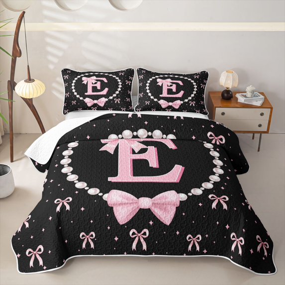 meiyoeat Girls Personalized Monogrammed Gifts Twin Quilt Set For Bowtie Lovers,Kids Bowknot Alphabet E Print Twin Coverlet Set,2-Piece