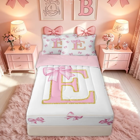 meiyoeat Girly Bow Alphabet E Zipper Full Size Comforter Sets with Fitted Sheet and 2 Pillowcases for Kids Girls, Fashion Letter Zipper Bedding Set, Pink Golden, Pink Reversible, 4pcs