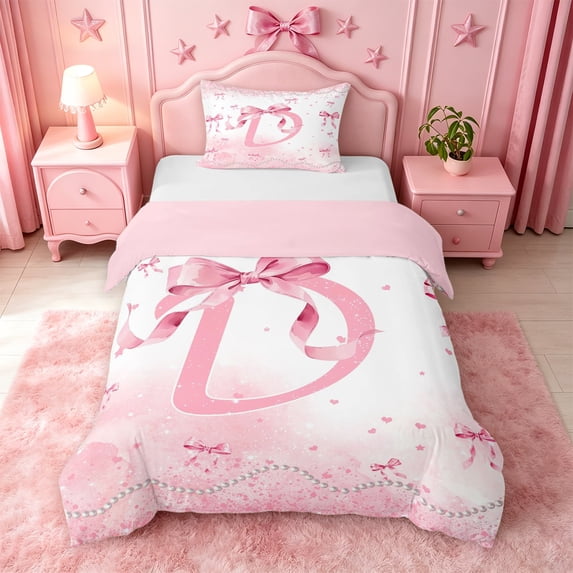 meiyoeat Girly Bow Monogrammed D Twin Duvet Cover,Pink Pearl Initial Print Twin Bedding For Girl,Pink Reversible,2pcs,1 Duvet Cover and 1 Pillowcase