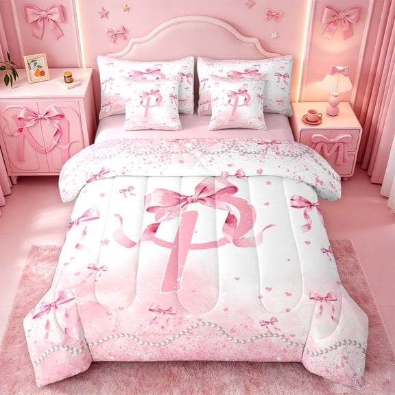 meiyoeat Girly Bowknot 7-Piece Twin Bedding,Chic Sequin Monogrammed P Print Bedding Comforter Set For Girl,Pink Reversible