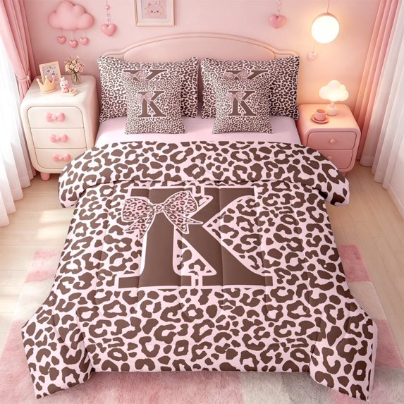 meiyoeat Girly Bowknot Initial K 7 Pieces Full Size Bedding Sets For Girls,Classic Cheetah Monogram Art Full Size Bed in a Bag,Pink Reversible