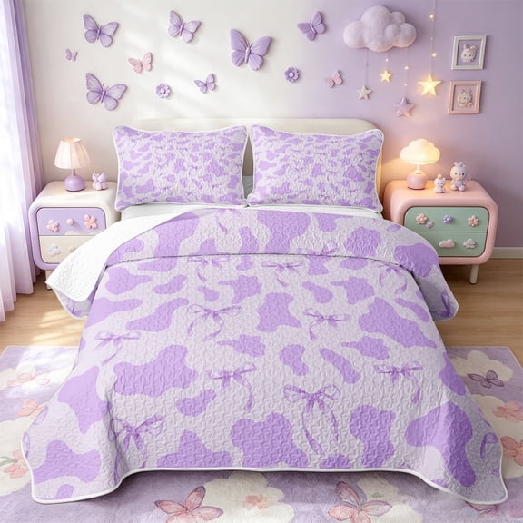 meiyoeat Girly Bowknot Twin Quilt Set,Purple Cattle Pattern Twin Coverlet Set,2-Piece,1 Bedspread and 1 Pillowcase