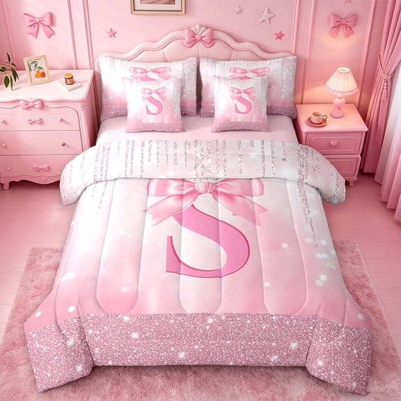 meiyoeat Girly Coquette Bow 7 Pieces Full Size Bedding Sets For Kids,Pink Sequin Alphabet Print S Full Size Bed in a Bag For Bowtie Lovers,Pink Reversible