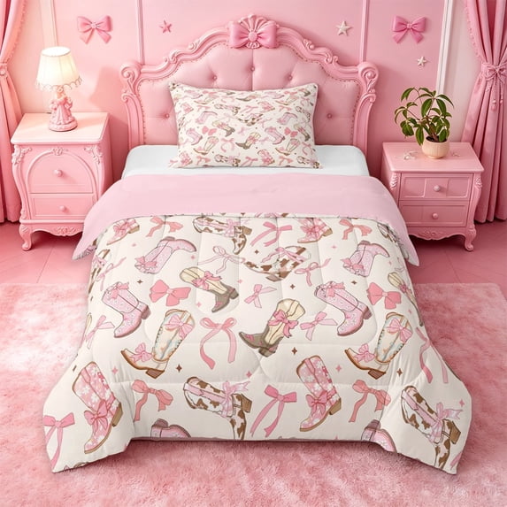 meiyoeat Girly Cowgirl Boot Twin Comforter Sets For Kids, Coquette Bow Print Bedding Set For Girls,Pink Reversible,2 Pieces