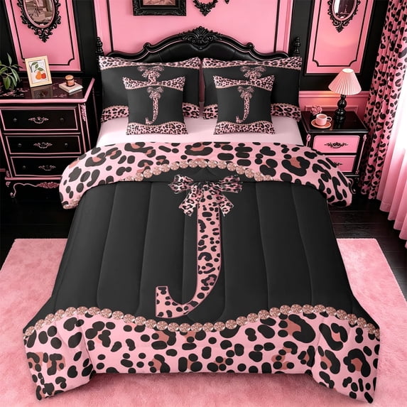 meiyoeat Girly Leopard Bowknot 7-Piece Twin Bedding Sets For Bow Lover,Pink Cheetah Print Monogrammed J Theme Bedding Comforter Set For Kids,pink Reversible