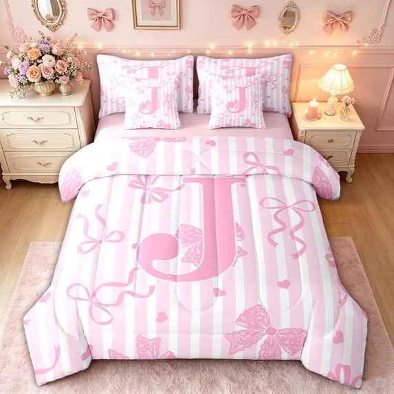 meiyoeat Girly Pink J Letter Twin Bedding for Girls, Bow Stripe Love Heart Bedding Comforter Set, Pink Reversible, 7 Pieces