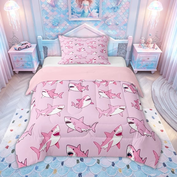 meiyoeat Girly Pink Shark Twin Comforter Sets for Kids Boys Girls, Kawaii Ocean Animal Bedding Set, Pink Reversible 2pcs, 1 Comforter and 1 Pillowcase