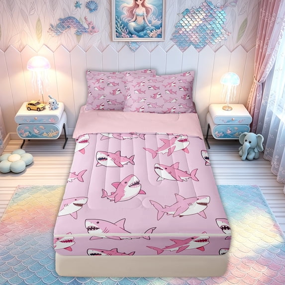 meiyoeat Girly Pink Shark Zipper Twin Comforter Sets with Fitted Sheet and 2 Pillowcases for Kids Boys Girls, Kawaii Ocean Animal Zipper Bedding Set, Pink Reversible, 4pcs