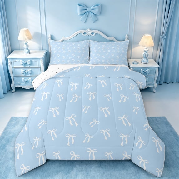 meiyoeat Girly Ribbon Bowknot Queen Comforter Set For Girls,Kawaii Bowtie Comforter Sets Queen For Kids,Reversible,3Pcs