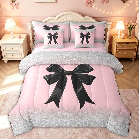 meiyoeat Glam Bow Twin Bedding for Kids Girls, Glitter Print Gradient Bedding Comforter Set for Bedroom, Pink Black, Pink Reversible, 7-Piece