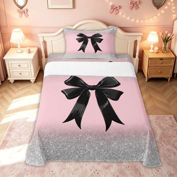 meiyoeat Glam Bow Twin Sheets for Kids Girls, Glitter Print Gradient Bedding for Bedroom, Pink Black, 3-Piece