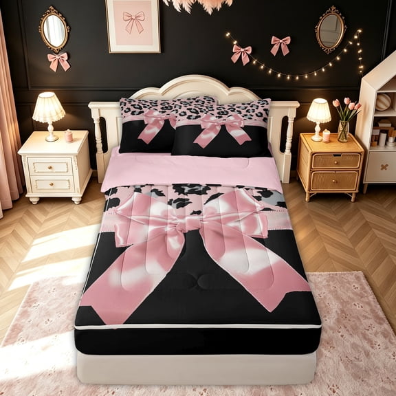 meiyoeat Glam Leopard Bow Zipper Twin Comforter Sets with Fitted Sheet and 2 Pillowcases for Women, Animal Print Zipper Bedding Set for Bedroom, Pink Black, Pink ReversibleG