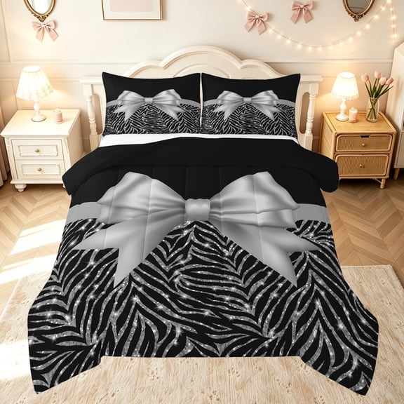 meiyoeat Glam Zebra Bow Full Size Comforter Sets for Kids Girls, Sparkle Animal Print Bedding Comforter Set, Black Silver, Black Reversible, 3 Pieces
