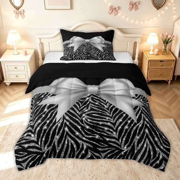 meiyoeat Glam Zebra Bow Twin Comforter Sets for Kids Girls, Sparkle Animal Print Bedding Set, Black Silver, Black Reversible, 2 Pieces