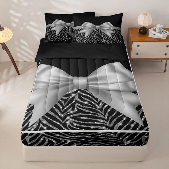 meiyoeat Glam Zebra Bow Zipper Full Size Comforter Sets with Fitted Sheet and 2 Pillowcases for Kids Girls, Sparkle Animal Print Zipper Bedding Set, Black Silver, Black ReversibleG