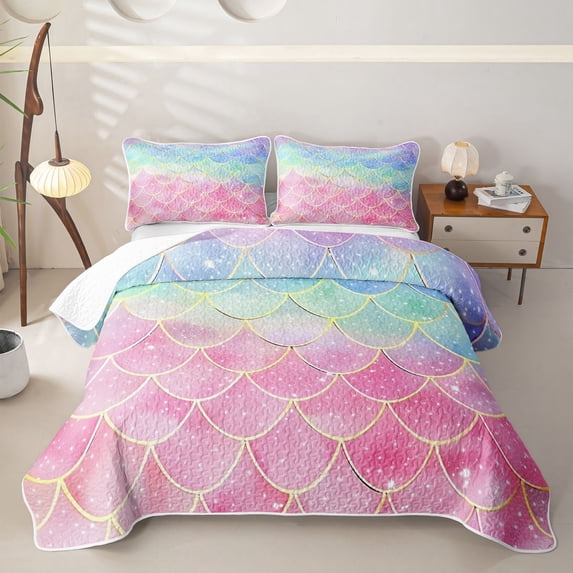 meiyoeat Glitter Gradient Mermaid Scale Twin Quilt Set for Girls, Rainbow Ocean Fairy Twin Coverlet Set, Pink Blue, 2 Pieces
