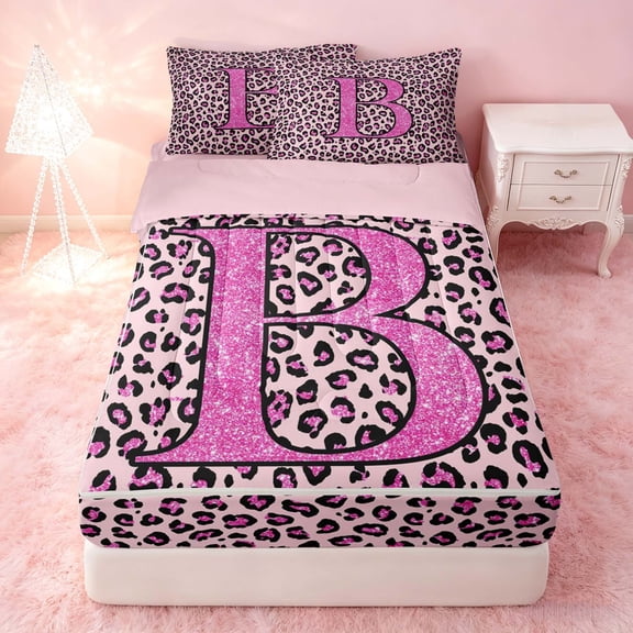 meiyoeat Glitter Leopard Print Letter B Zipper Twin Comforter Sets with Fitted Sheet and 2 Pillowcases, Girls Teens, Pink Sparkle Monogrammed Zipper Bedding Set, Pink Reversible